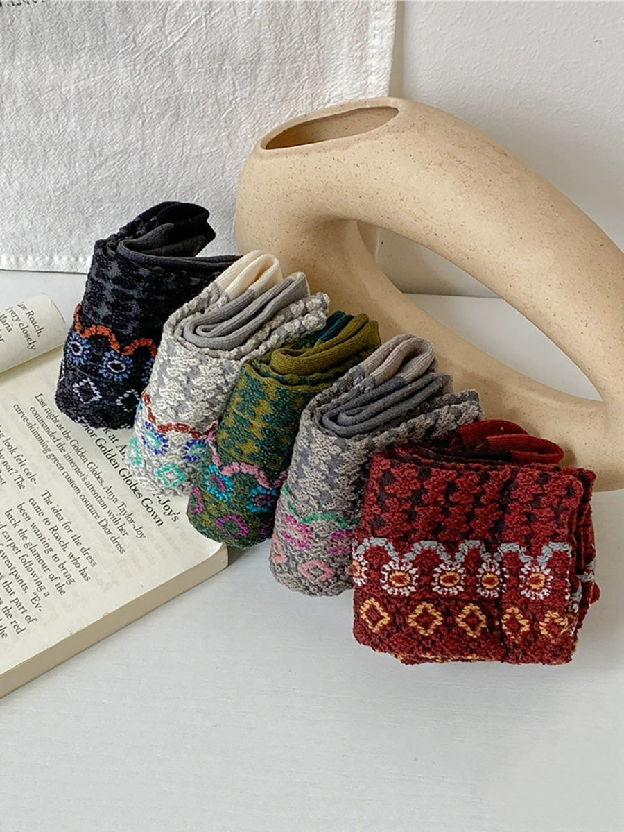 5 Pairs Women Autumn Flower Jacquard Mid Heel Socks
