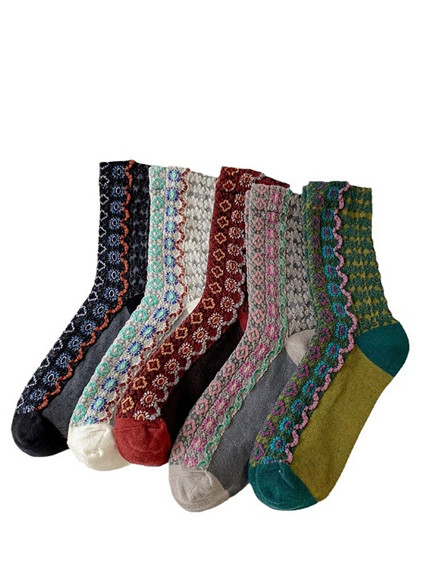 5 Pairs Women Autumn Flower Jacquard Mid Heel Socks