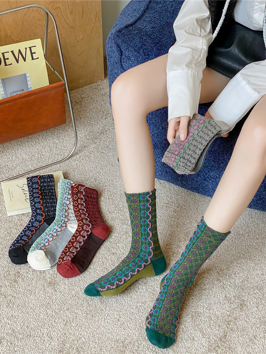 5 Pairs Women Autumn Flower Jacquard Mid Heel Socks