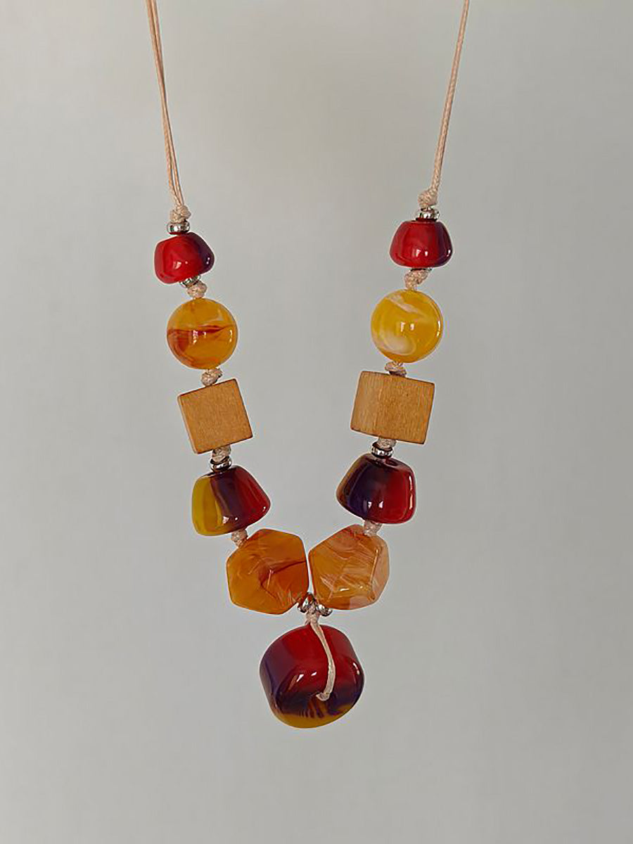Women Ethnic Geometric Resin Weave Pandent Necklace