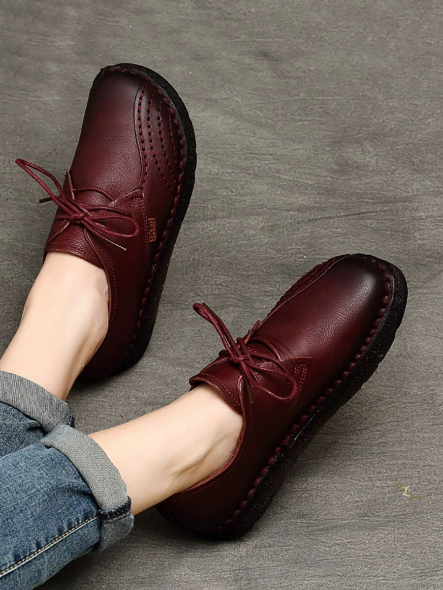 Women Summer Retro Genuine Leather Spliced Flat Shoes