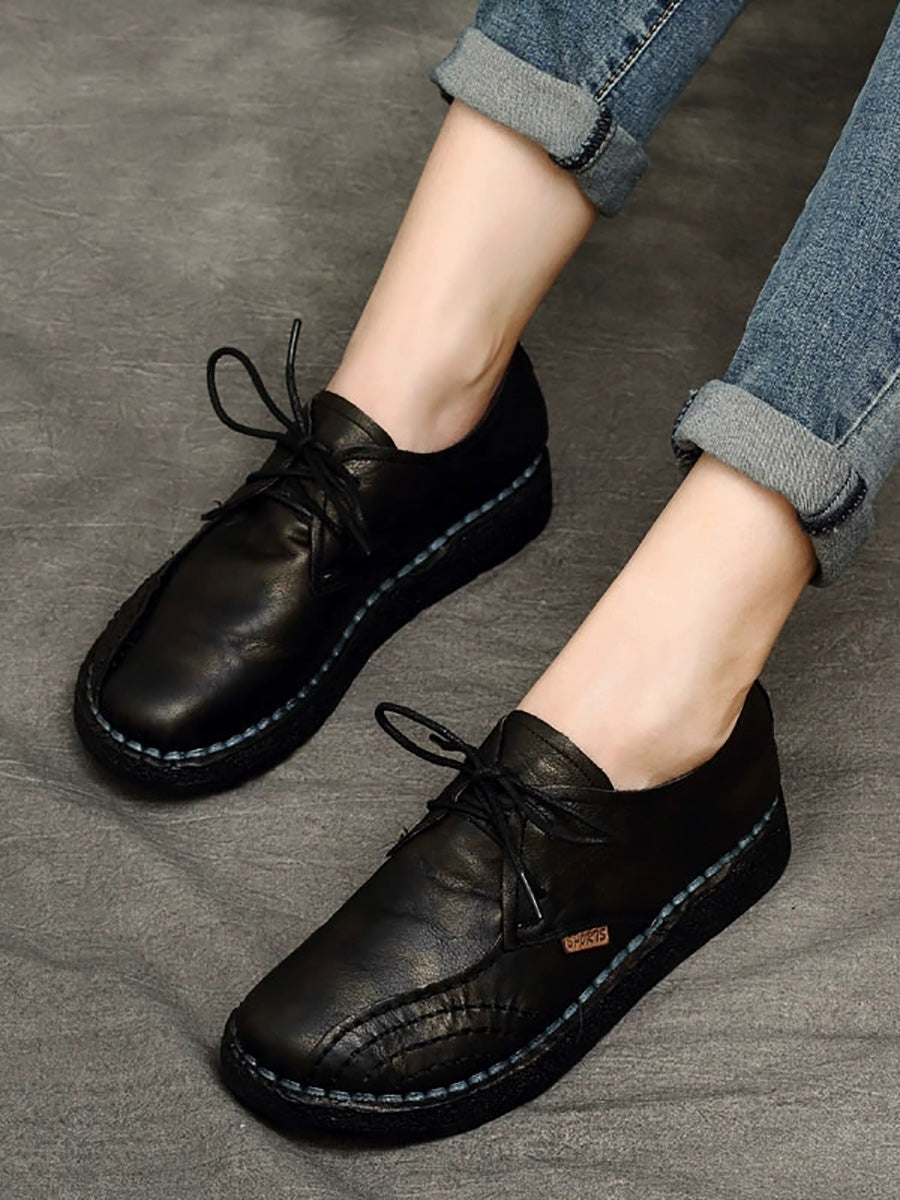 Women Summer Retro Genuine Leather Spliced Flat Shoes