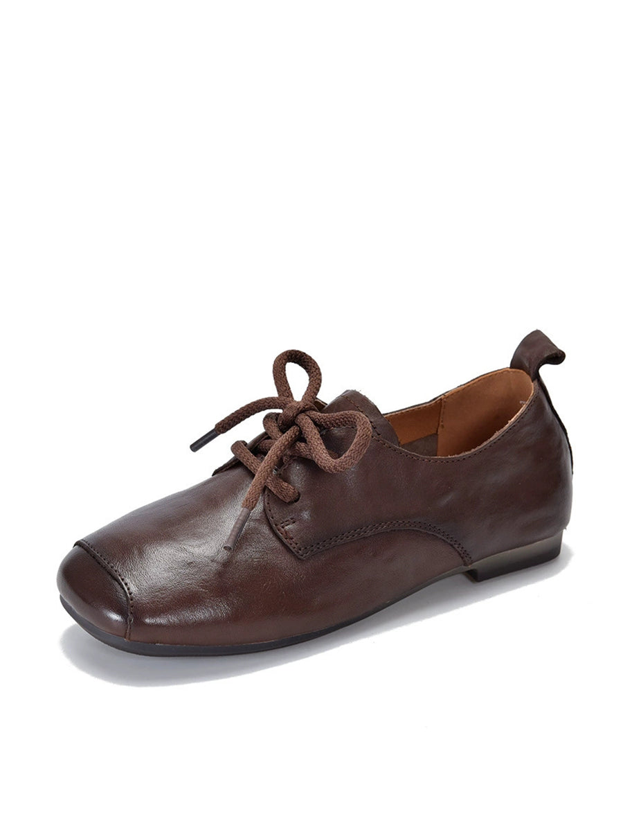 Women Vintage Genuine Leather Square-toe Low Heel Shoes