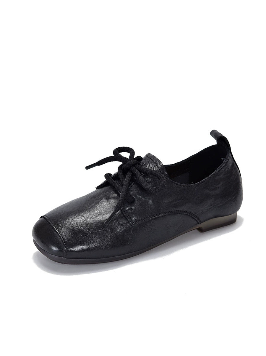 Women Vintage Genuine Leather Square-toe Low Heel Shoes