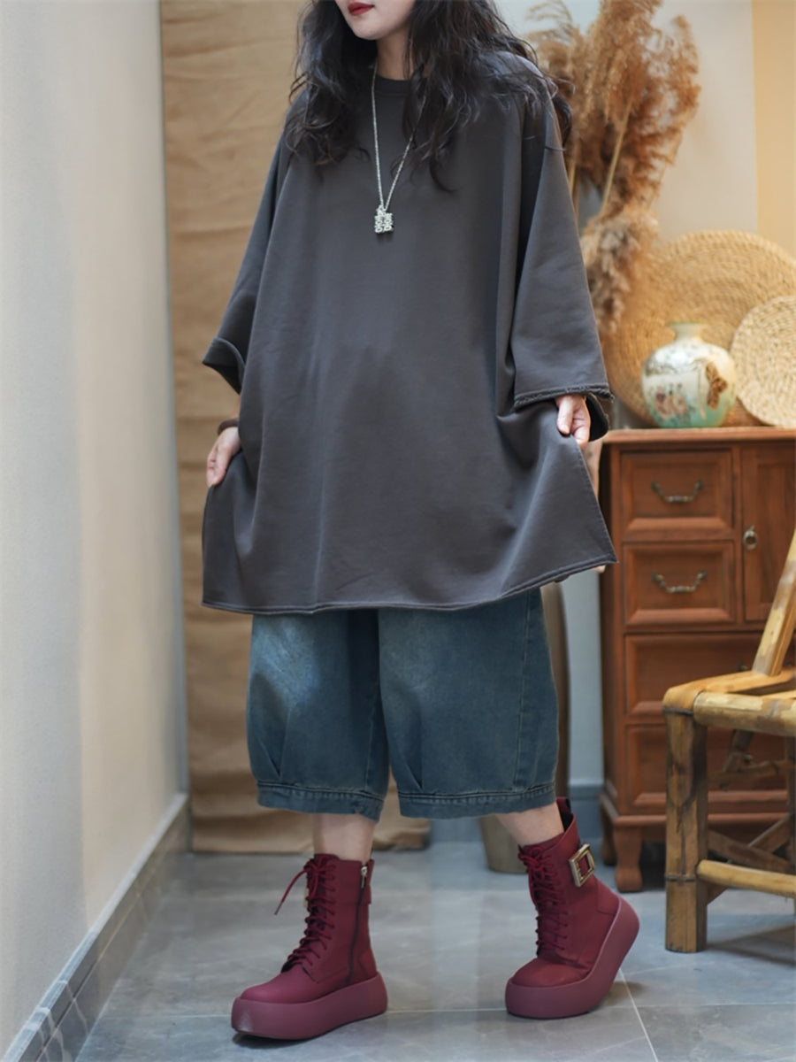 Plus Size Women Autumn Casual Pure Color Cotton O-Neck Blouse