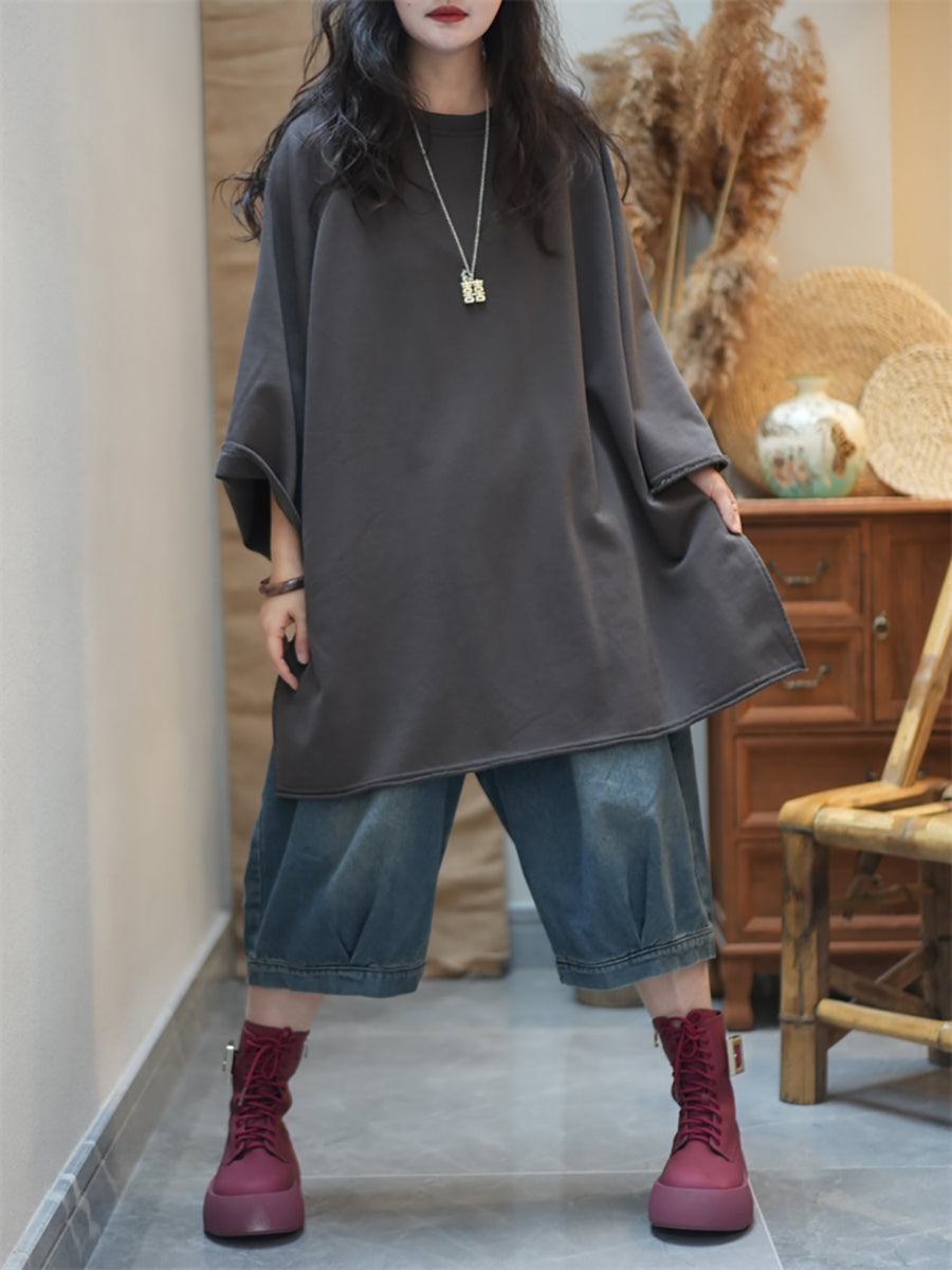 Plus Size Women Autumn Casual Pure Color Cotton O-Neck Blouse