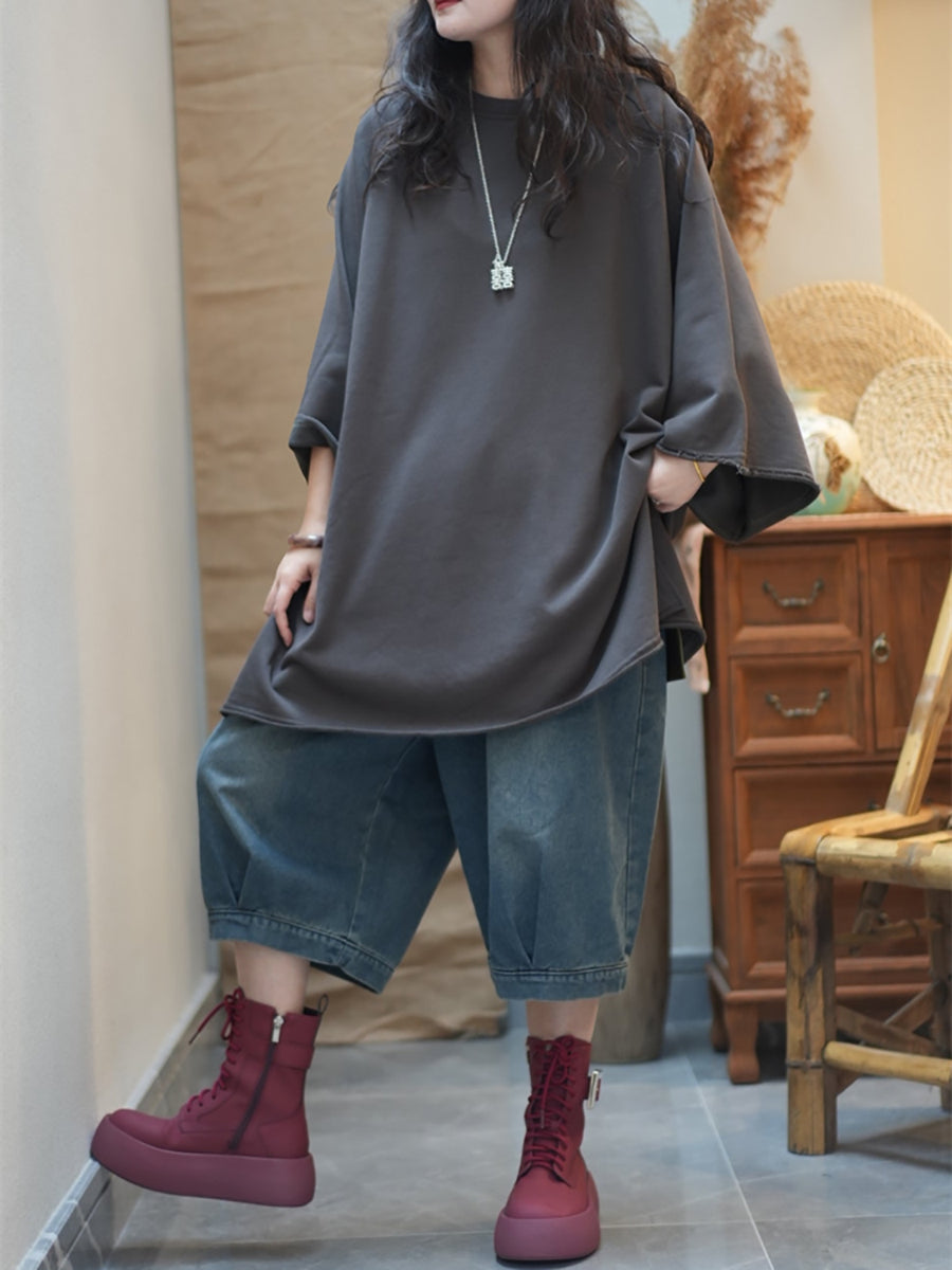 Plus Size Women Autumn Casual Pure Color Cotton O-Neck Blouse