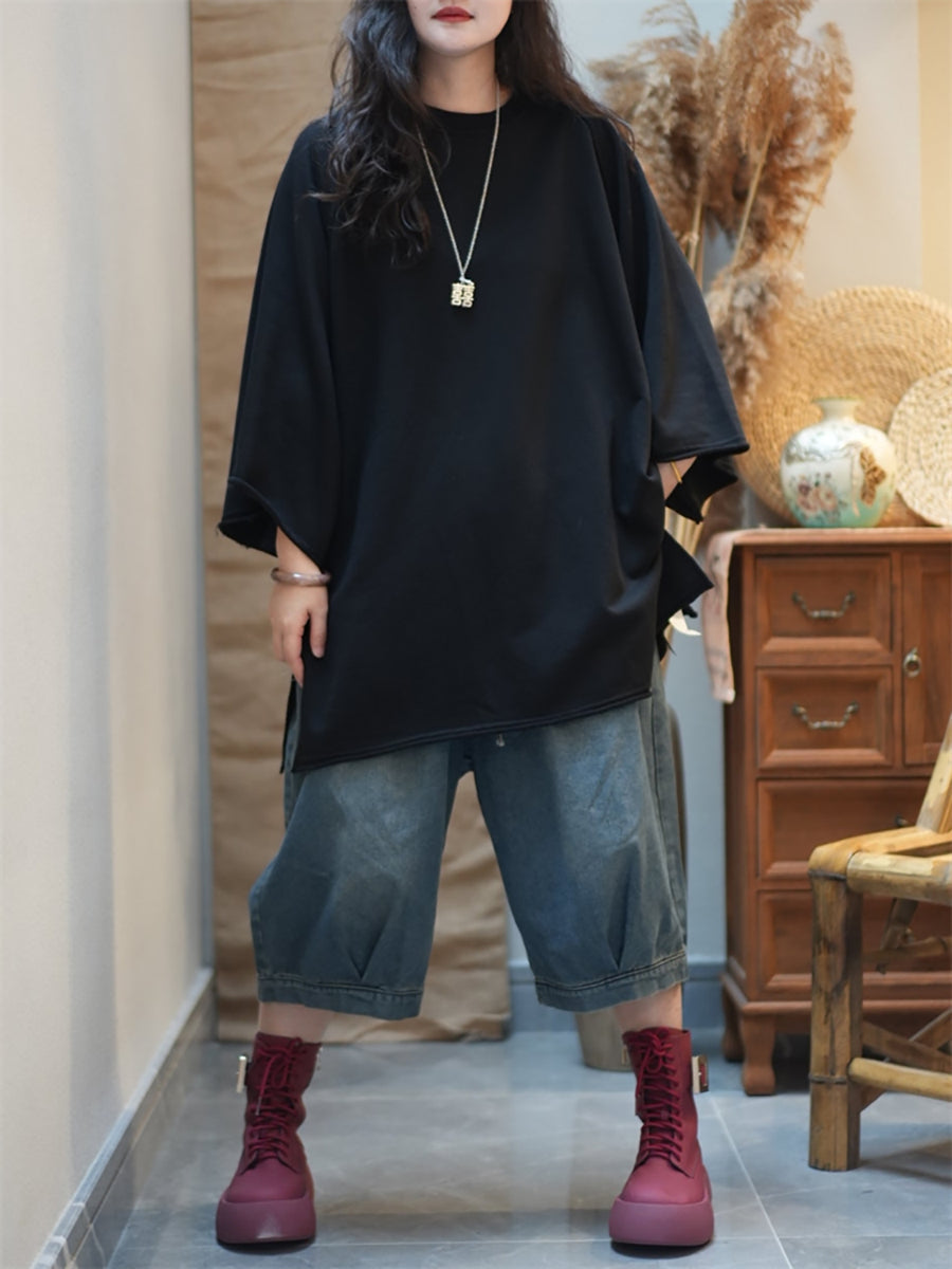 Plus Size Women Autumn Casual Pure Color Cotton O-Neck Blouse