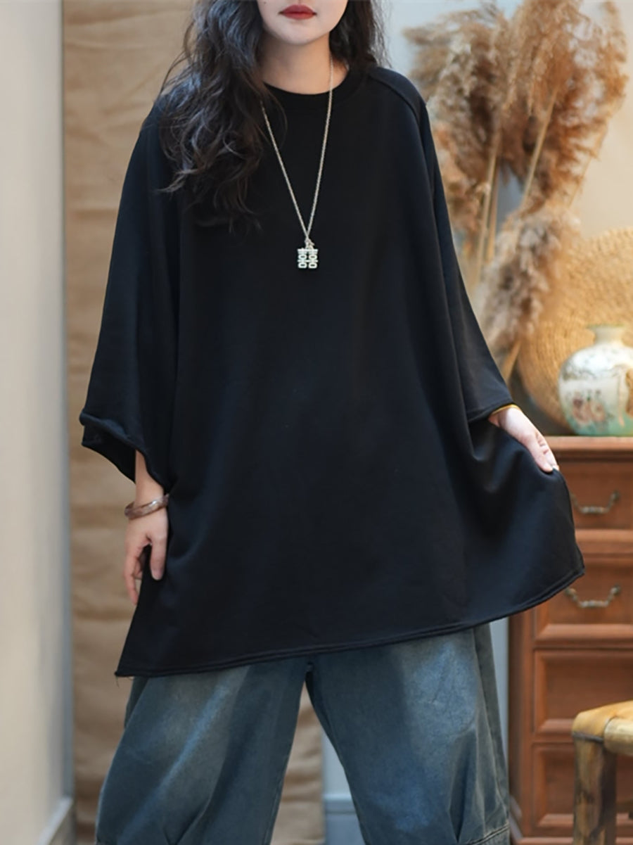 Plus Size Women Autumn Casual Pure Color Cotton O-Neck Blouse