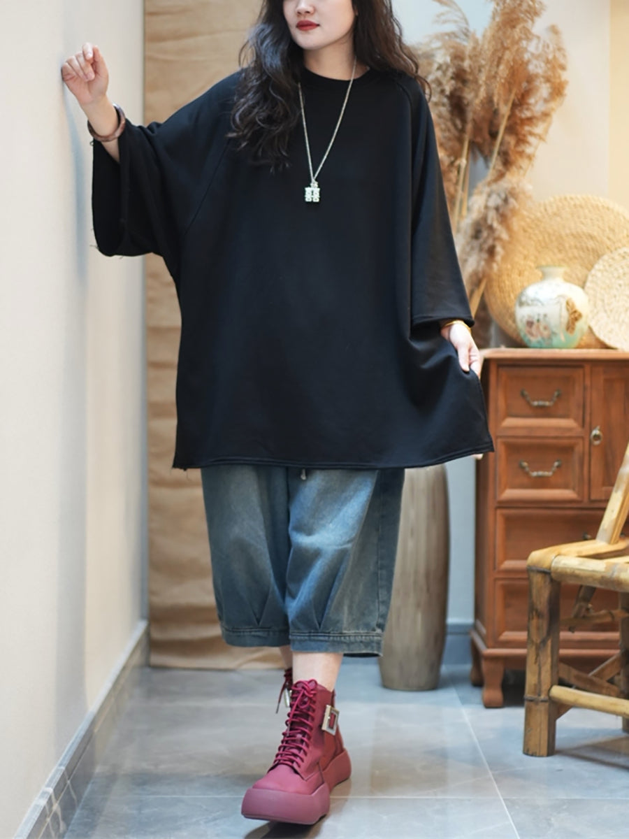 Plus Size Women Autumn Casual Pure Color Cotton O-Neck Blouse