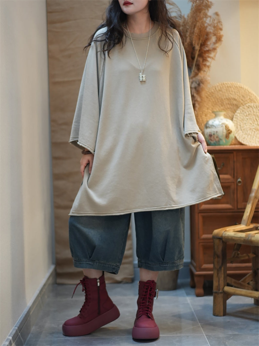 Plus Size Women Autumn Casual Pure Color Cotton O-Neck Blouse