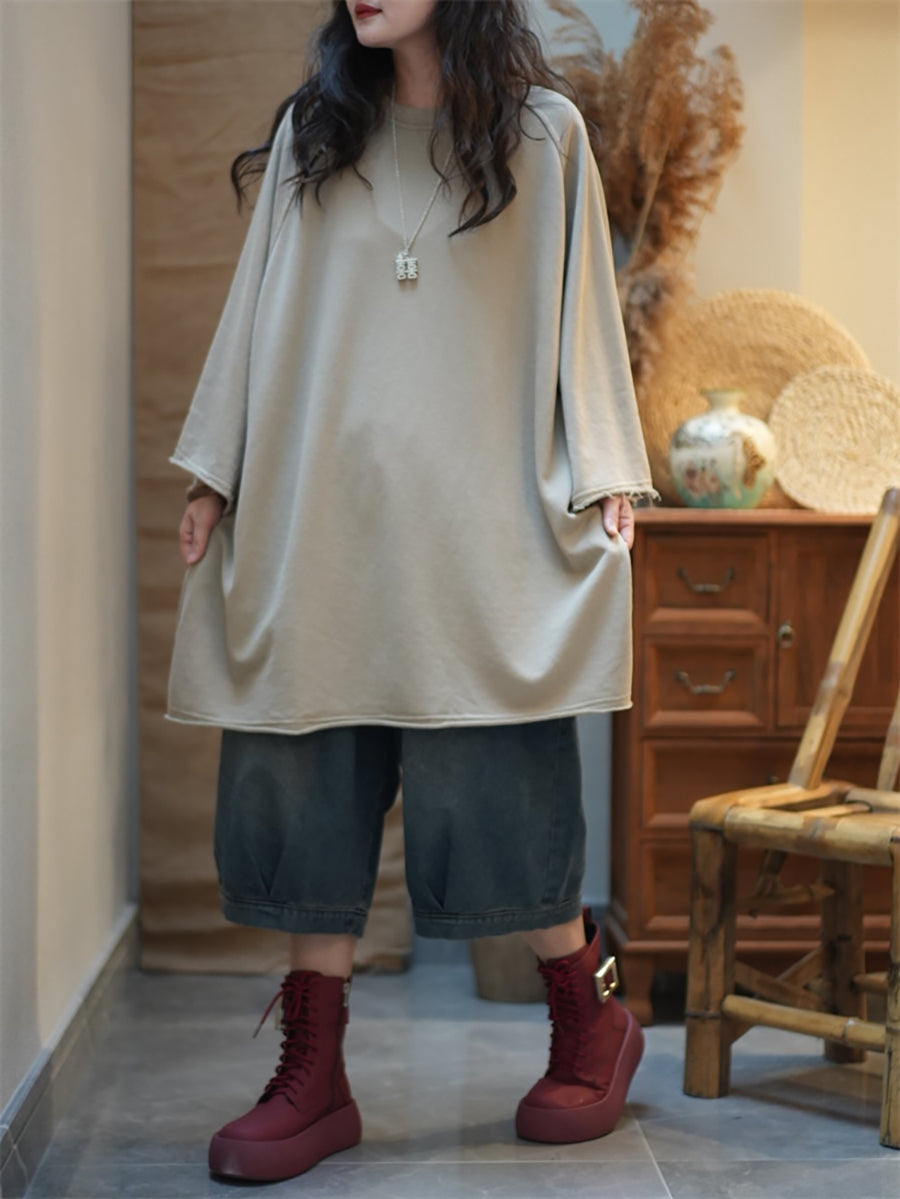 Plus Size Women Autumn Casual Pure Color Cotton O-Neck Blouse