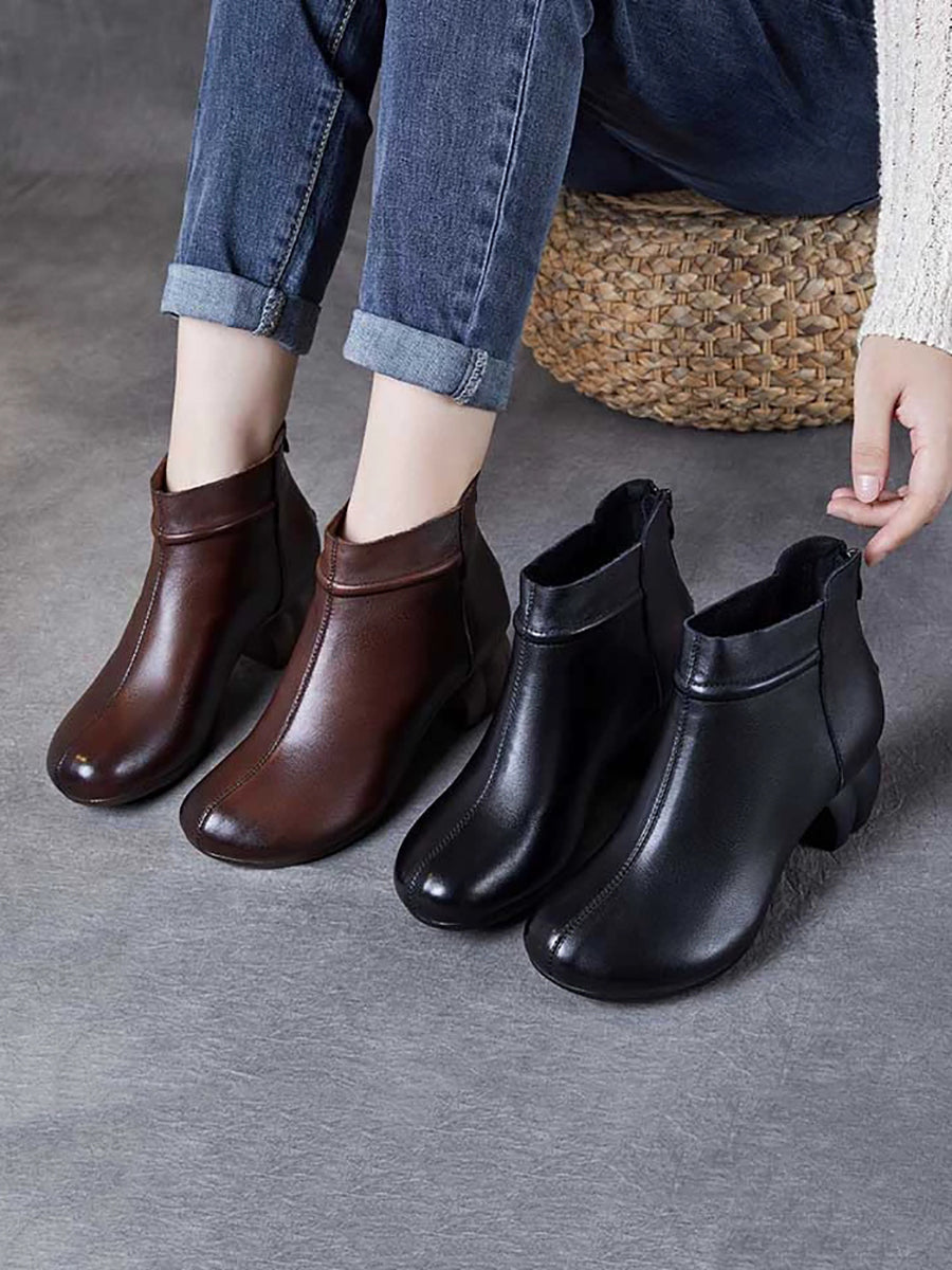 Women Vintage Genuine Leather Mid Heel Ankle Boots