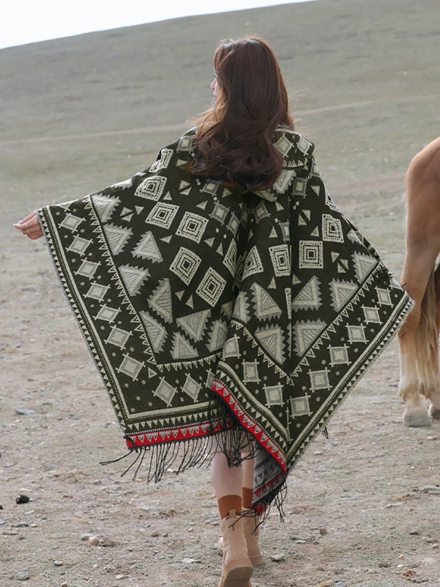 Ethnic Autumn Keep Warm Hooded Shawl Cape