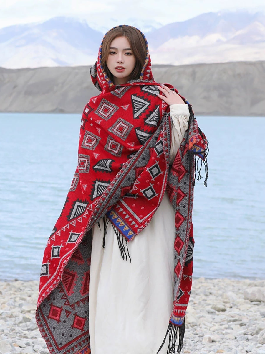 Ethnic Autumn Keep Warm Hooded Shawl Cape