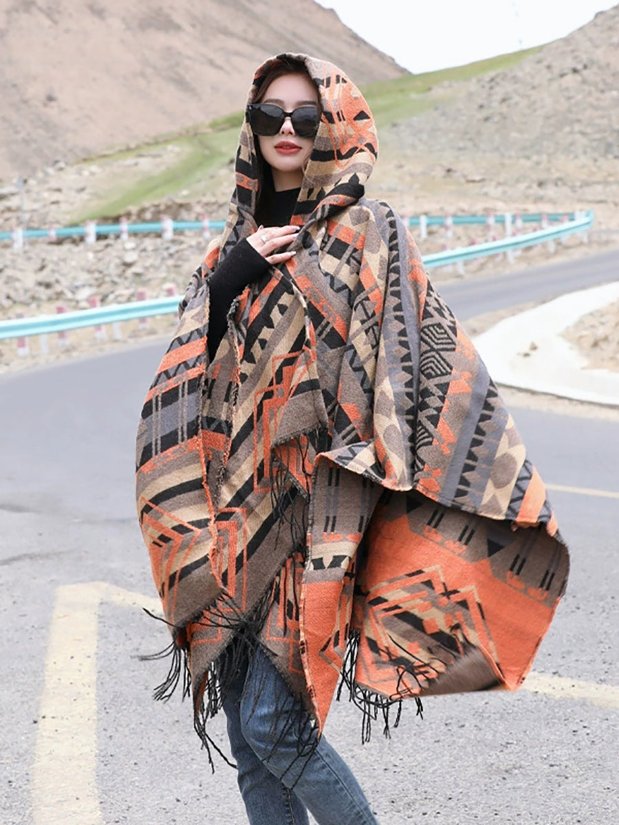 Ethnic Autumn Keep Warm Hooded Shawl Cape