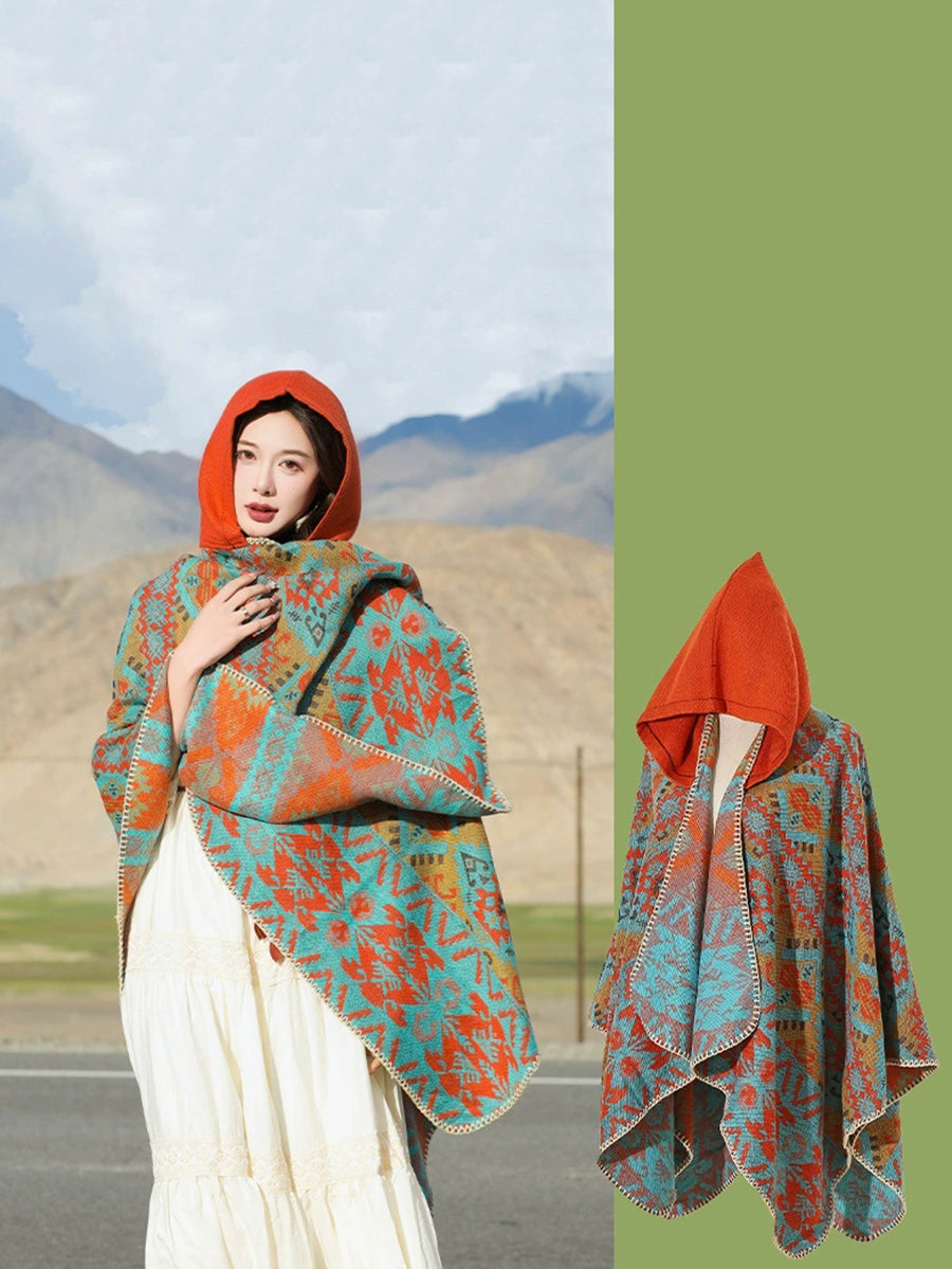 Ethnic Autumn Keep Warm Hooded Shawl Cape