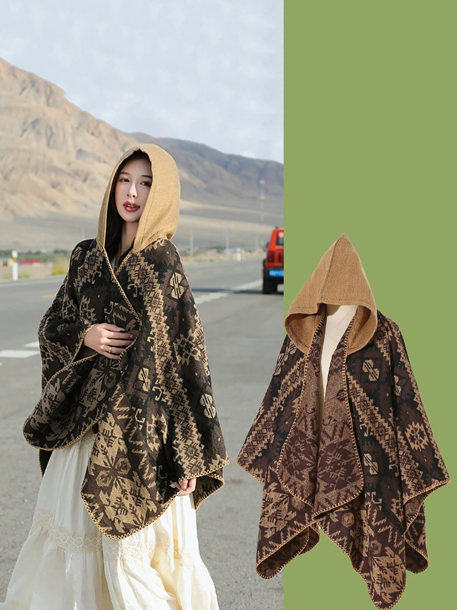 Ethnic Autumn Keep Warm Hooded Shawl Cape