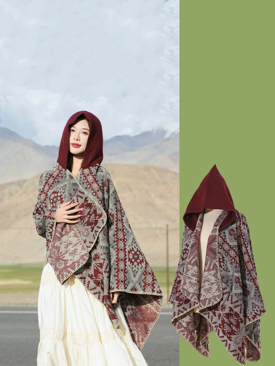 Ethnic Autumn Keep Warm Hooded Shawl Cape