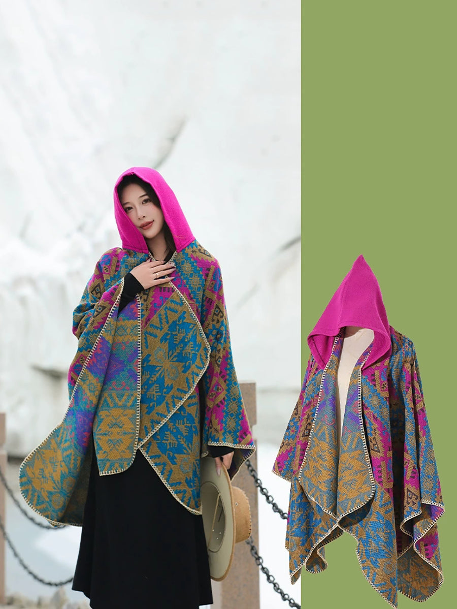 Ethnic Autumn Keep Warm Hooded Shawl Cape