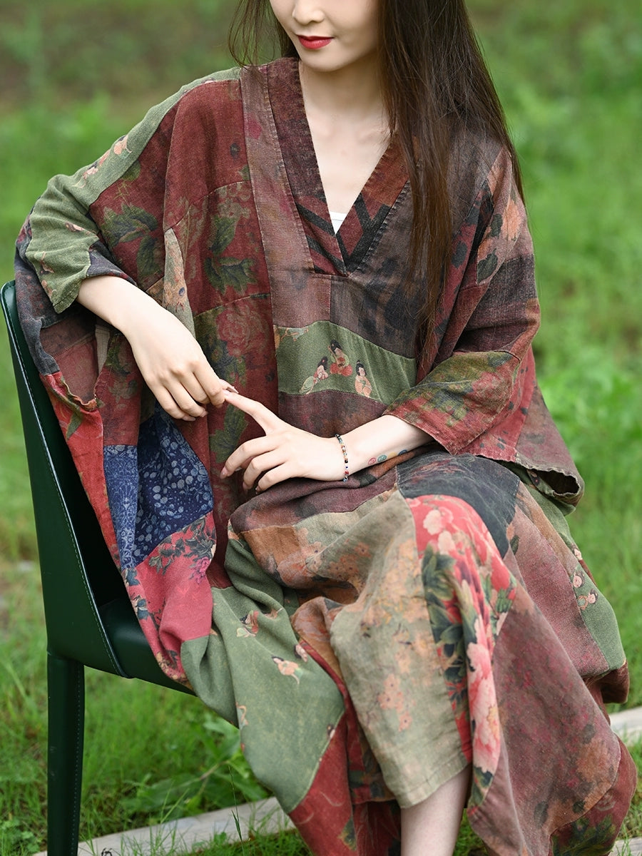 Plus Size Women Summer Ethnic Flower Patch V-Neck 100%Linen Dress