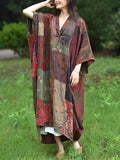 Plus Size Women Summer Ethnic Flower Patch V-Neck 100%Linen Dress