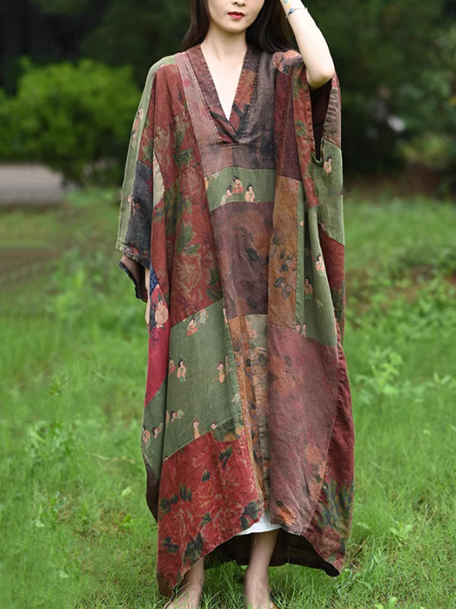 Plus Size Women Summer Ethnic Flower Patch V-Neck 100%Linen Dress