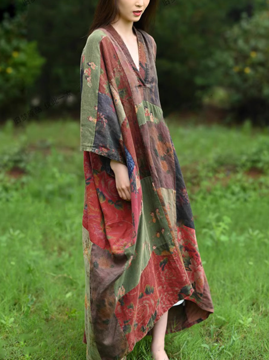 Plus Size Women Summer Ethnic Flower Patch V-Neck 100%Linen Dress