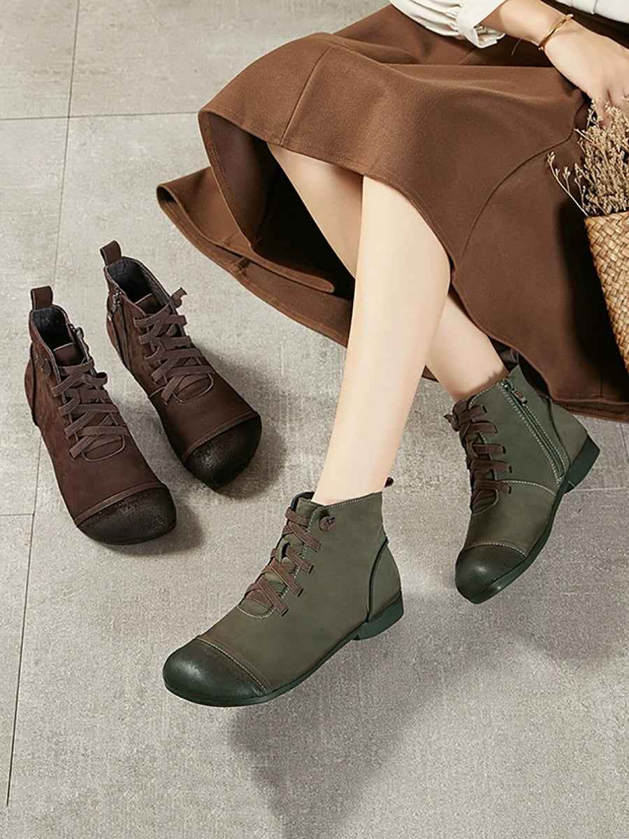 Women Vintage Genuine Leather Spliced Ankle Boots