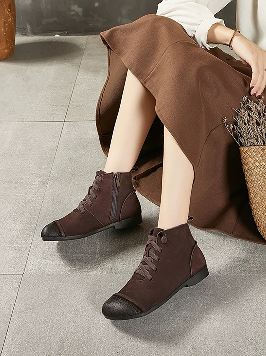 Women Vintage Genuine Leather Spliced Ankle Boots