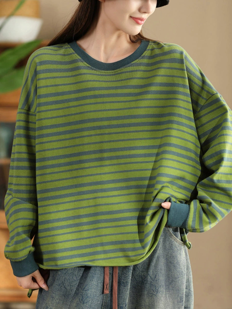 Women Autumn Casual Stripe O-Neck Cotton Blouse