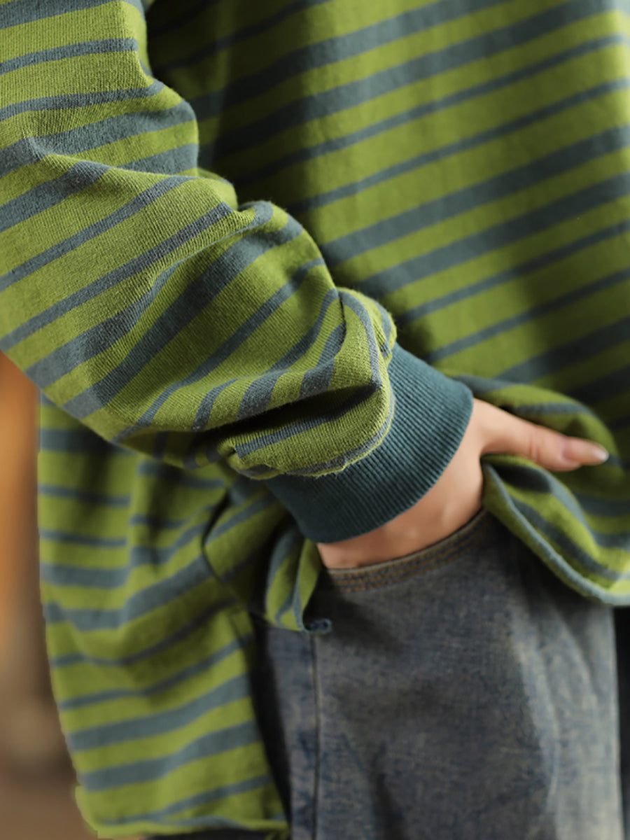 Women Autumn Casual Stripe O-Neck Cotton Blouse