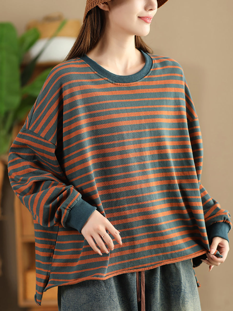 Women Autumn Casual Stripe O-Neck Cotton Blouse