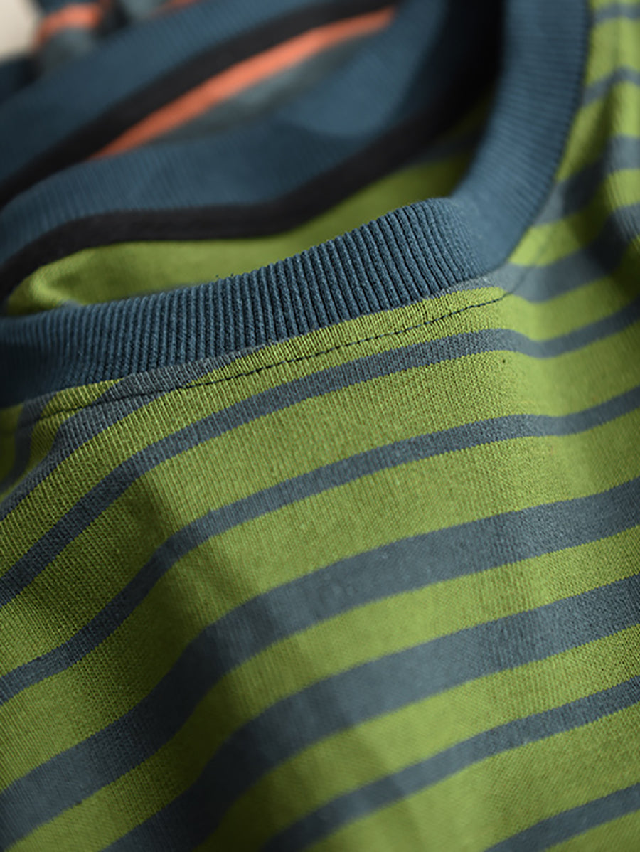 Women Autumn Casual Stripe O-Neck Cotton Blouse