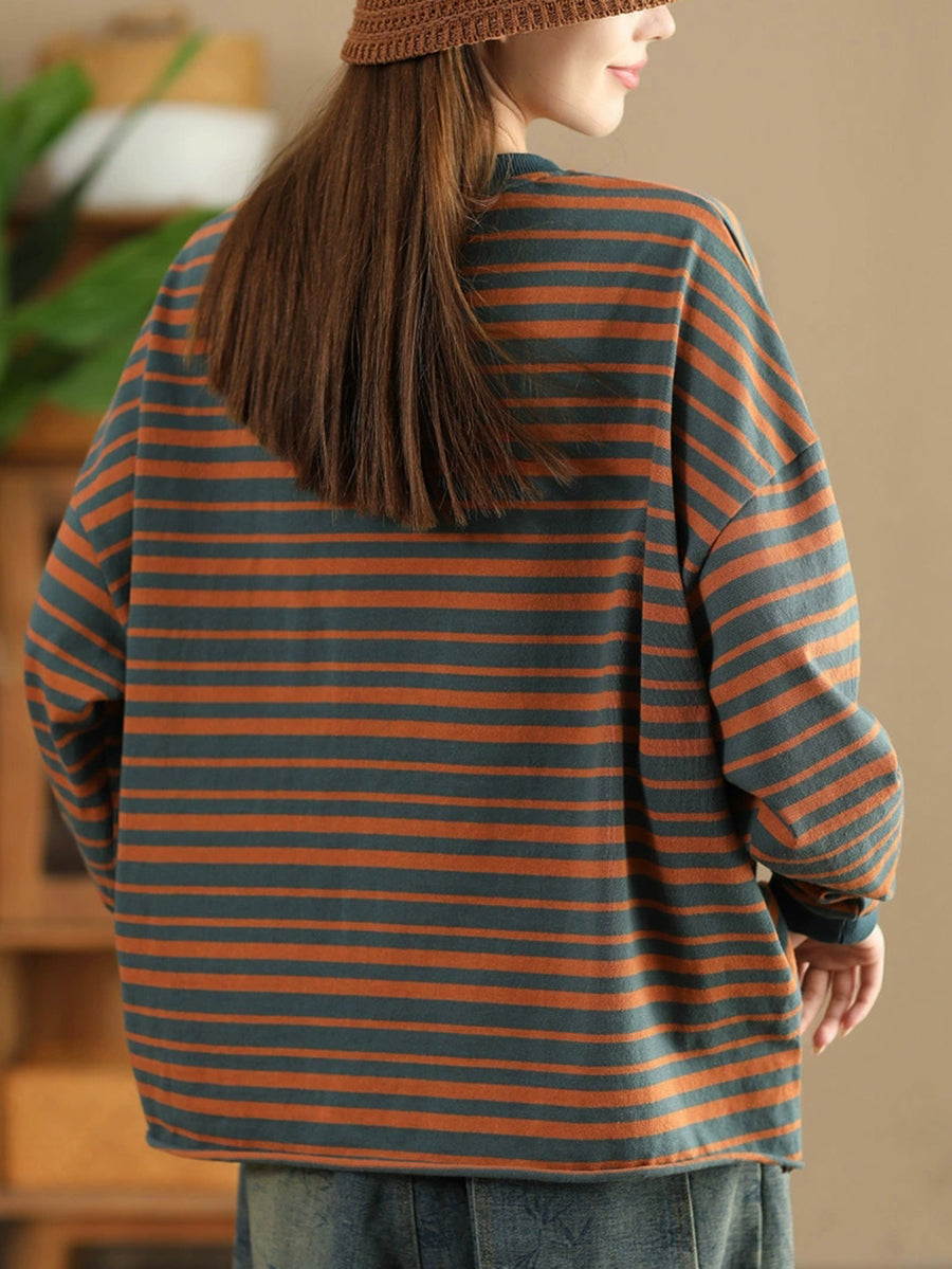 Women Autumn Casual Stripe O-Neck Cotton Blouse