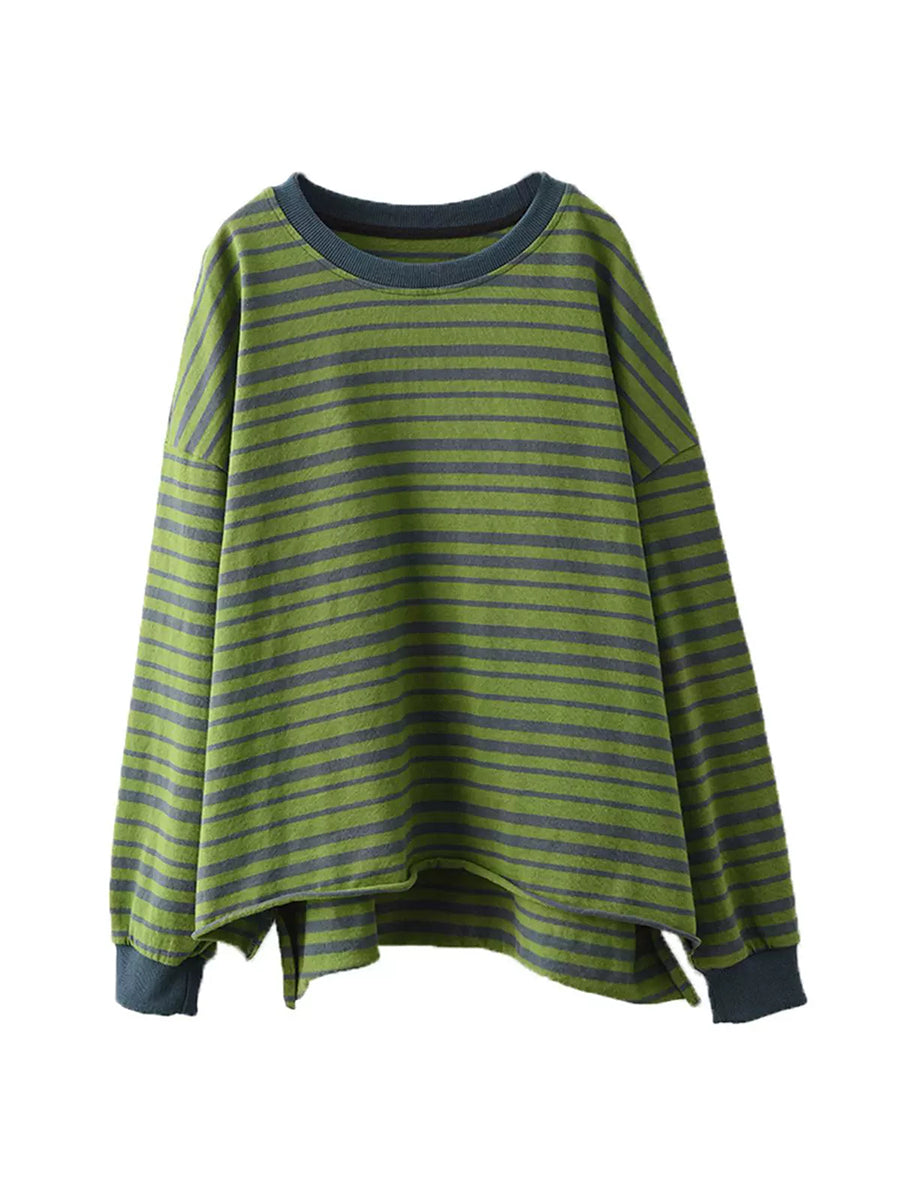 Women Autumn Casual Stripe O-Neck Cotton Blouse