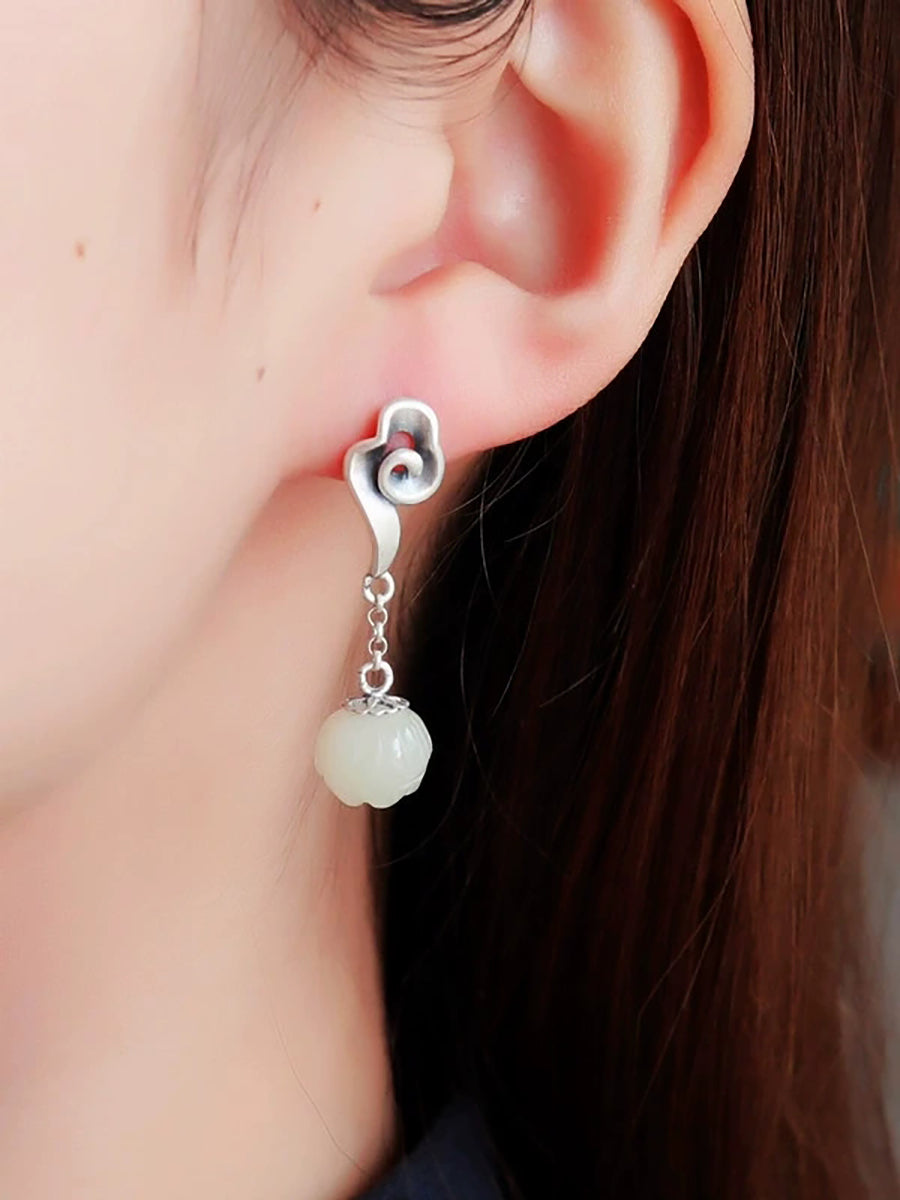 Women Ethnic Alloy Jade Flower Earrings