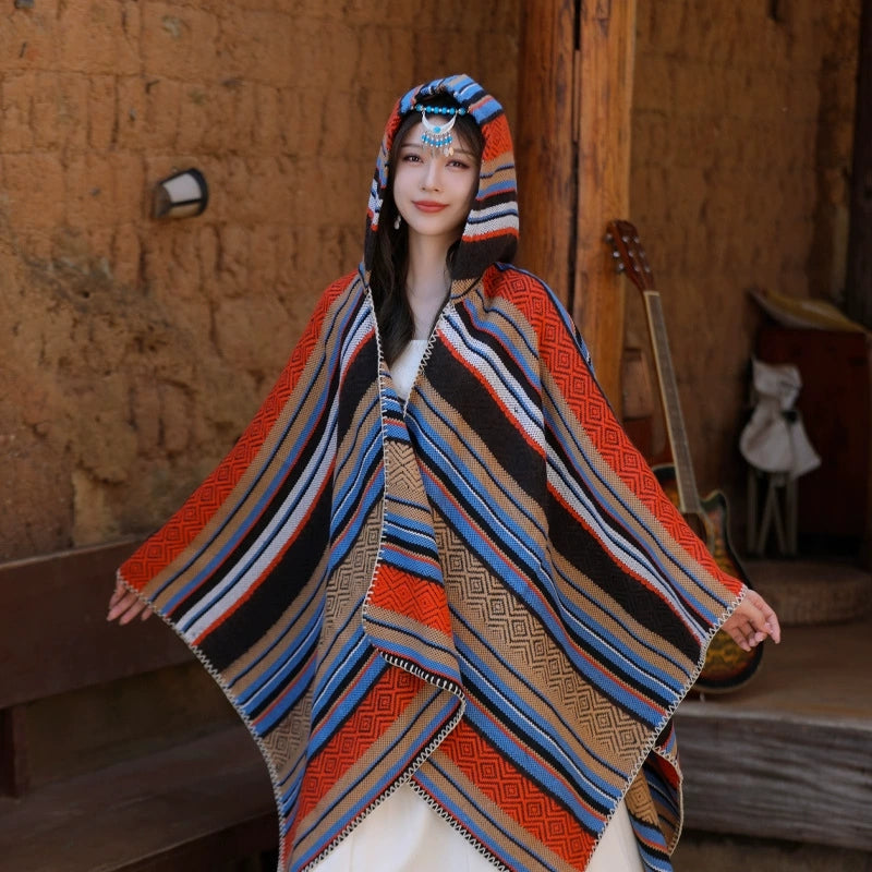 Women Autumn Ethnic Stripe Warm Shawl Hooded Scarf