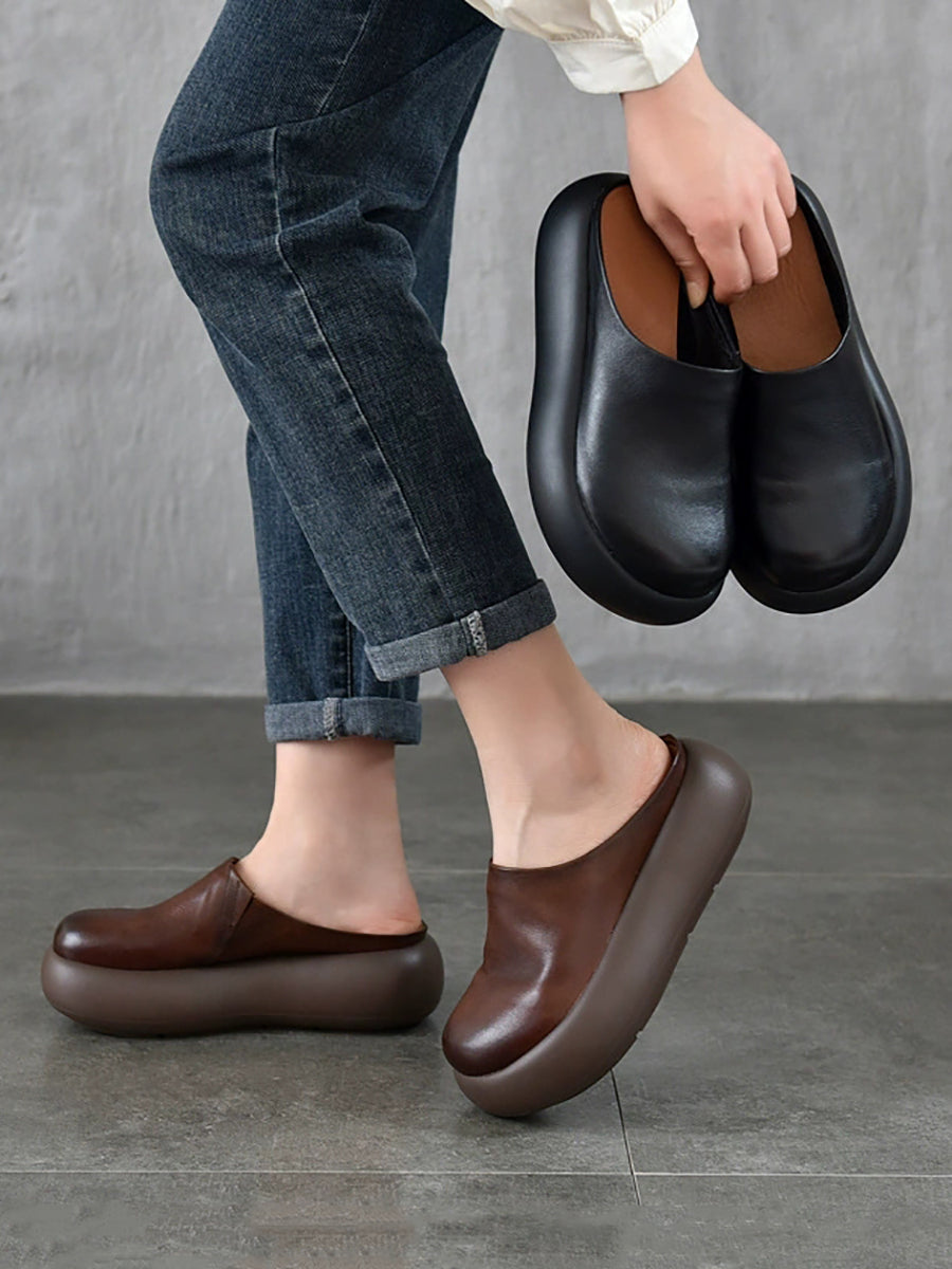 Women Summer Pure Color Soft Leather Platform Slippers