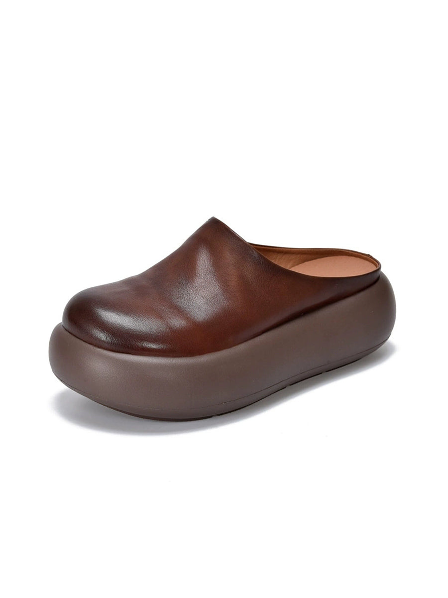 Women Summer Pure Color Soft Leather Platform Slippers