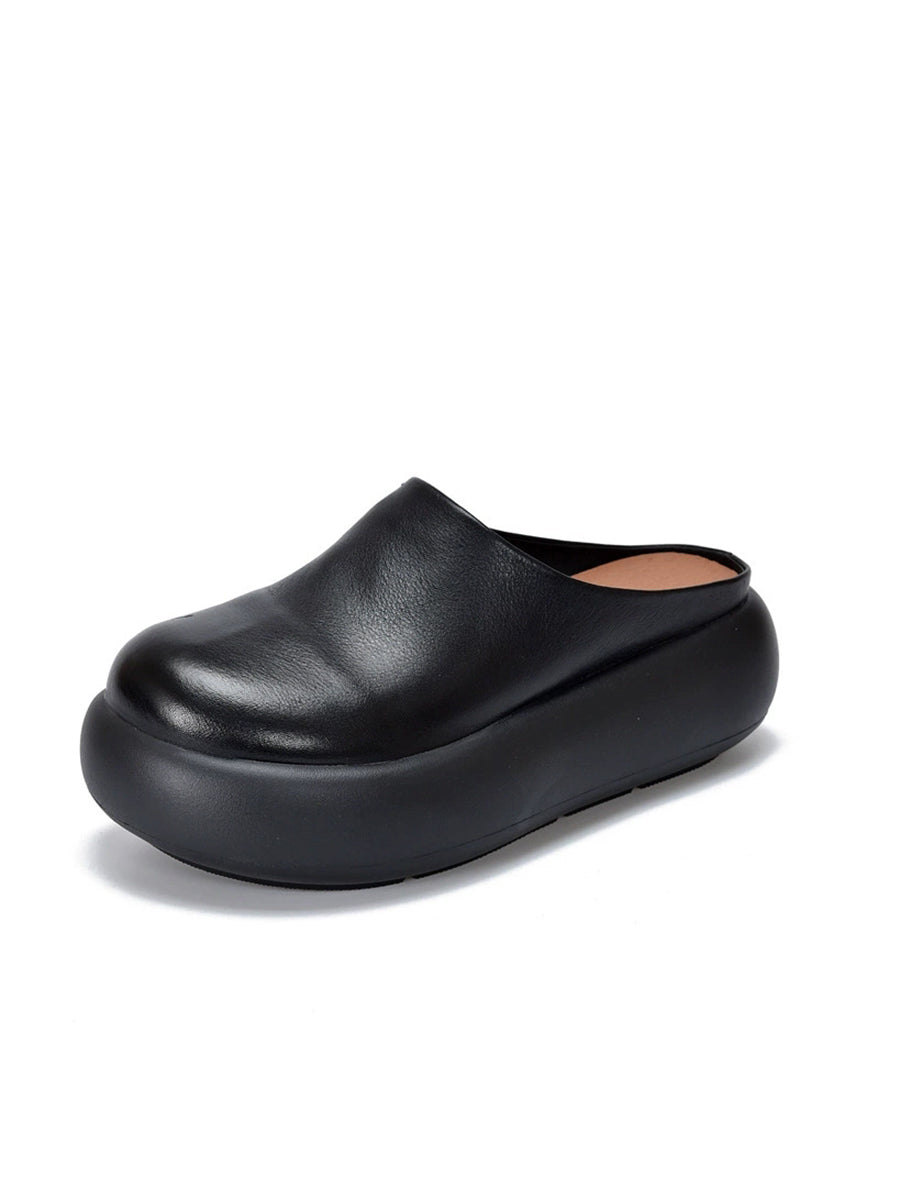 Women Summer Pure Color Soft Leather Platform Slippers