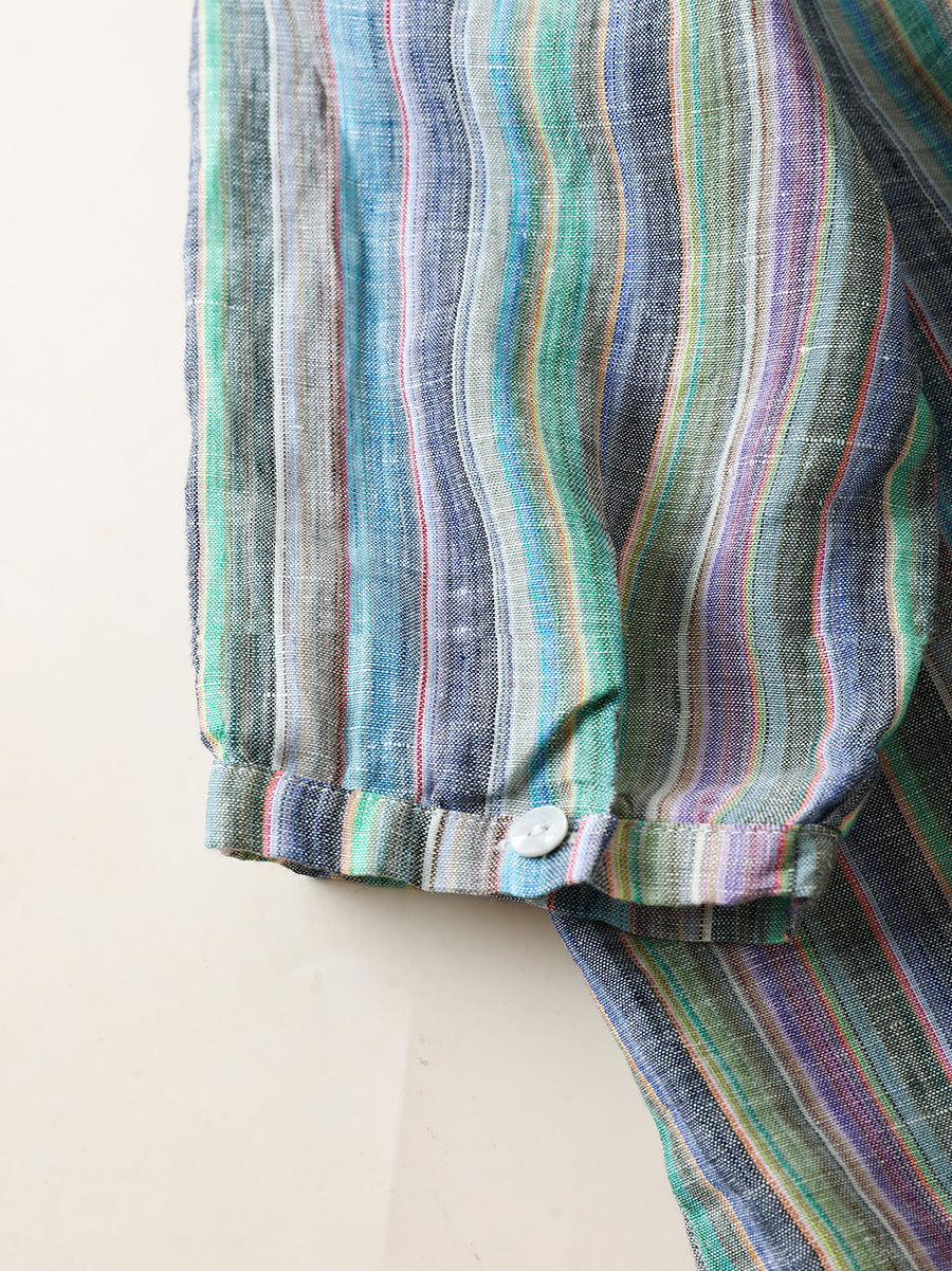 Women Summer Vintage Stripe Turn-down Collar 100%Linen Shirt