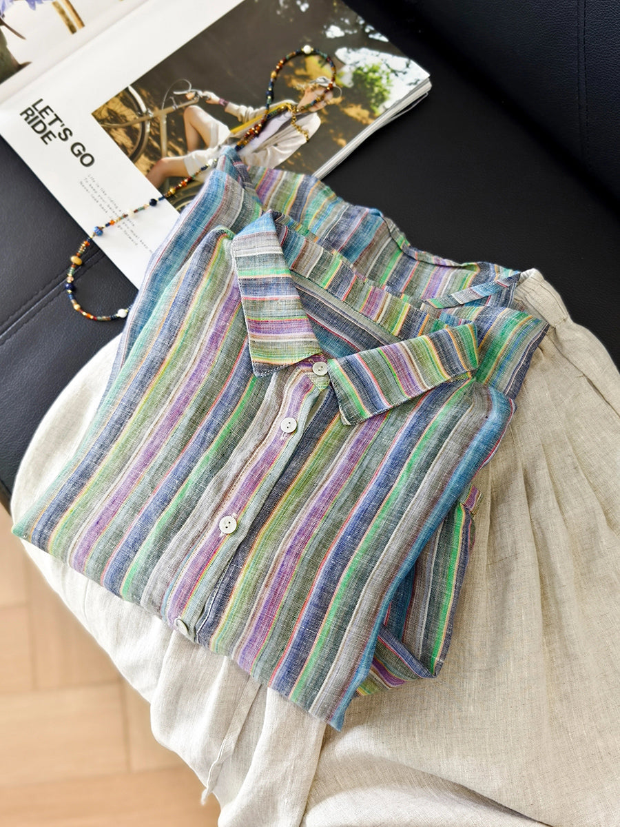 Women Summer Vintage Stripe Turn-down Collar 100%Linen Shirt