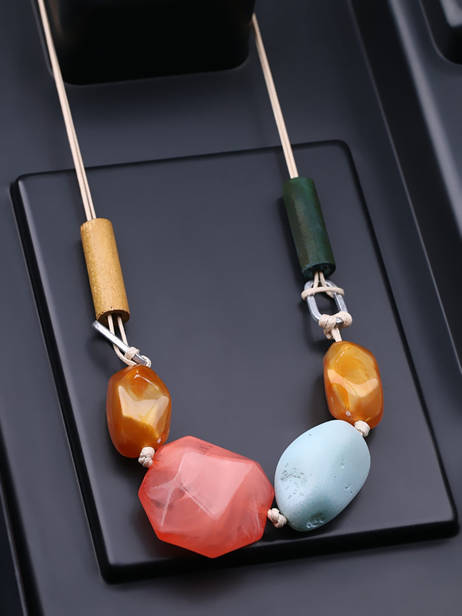 Women Ethnic Resin Stone Weave Necklace