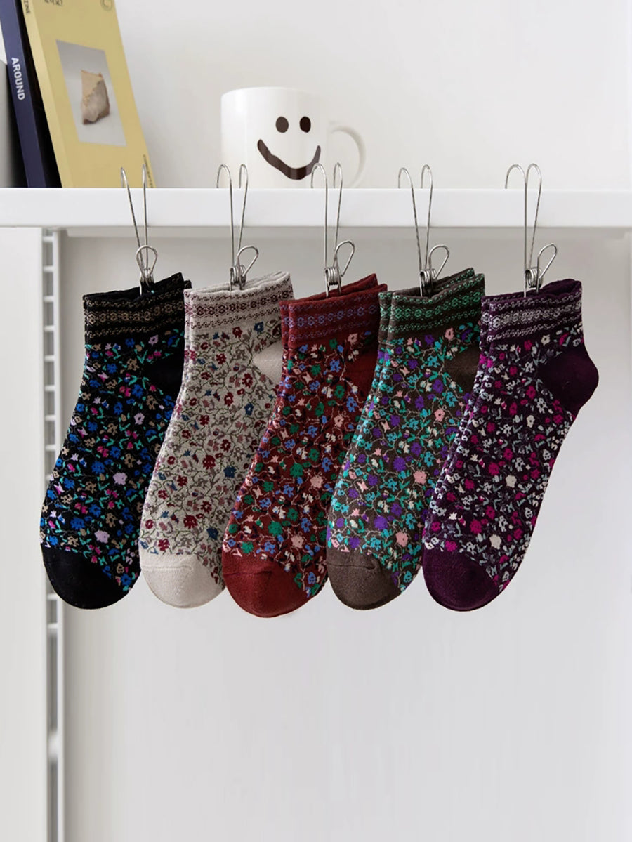 5 Pairs Women Artsy Floral Short Socks