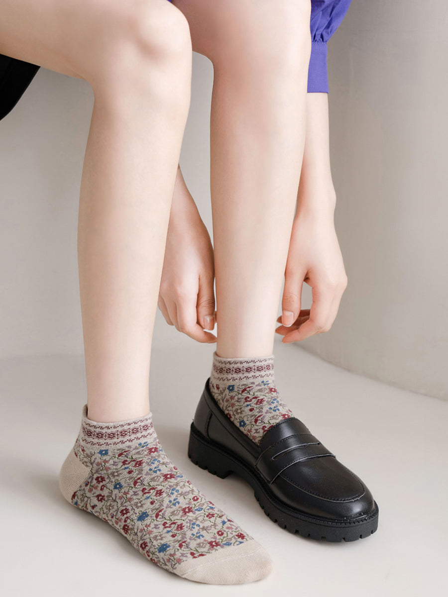 5 Pairs Women Artsy Floral Short Socks