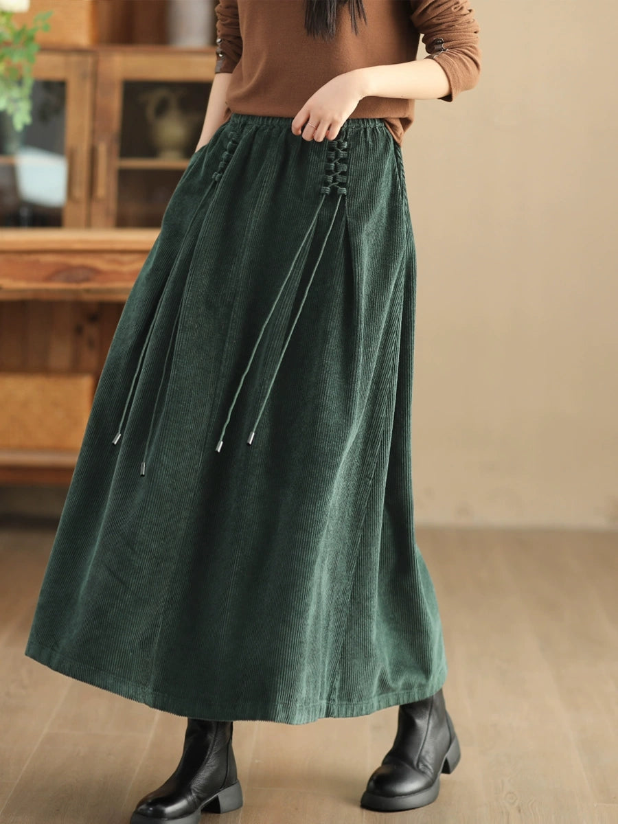 Plus Size Women Autumn Retro Strap Corduroy A-Shape Skirt