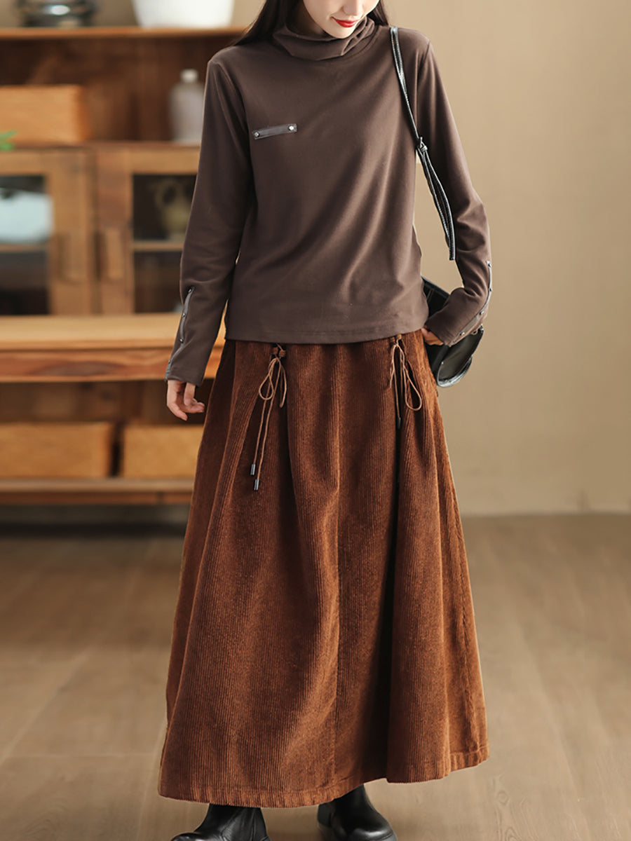 Plus Size Women Autumn Retro Strap Corduroy A-Shape Skirt