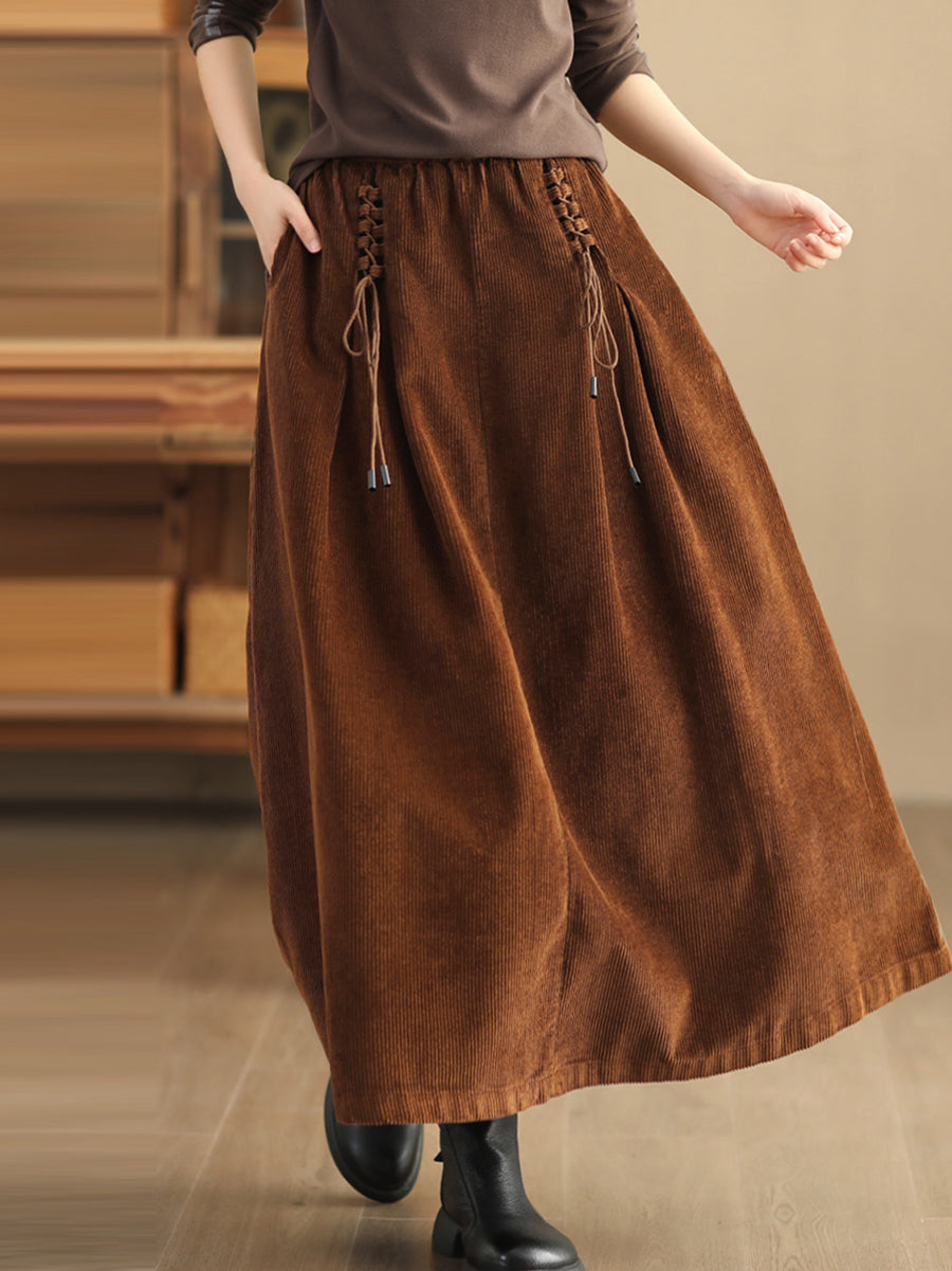 Plus Size Women Autumn Retro Strap Corduroy A-Shape Skirt