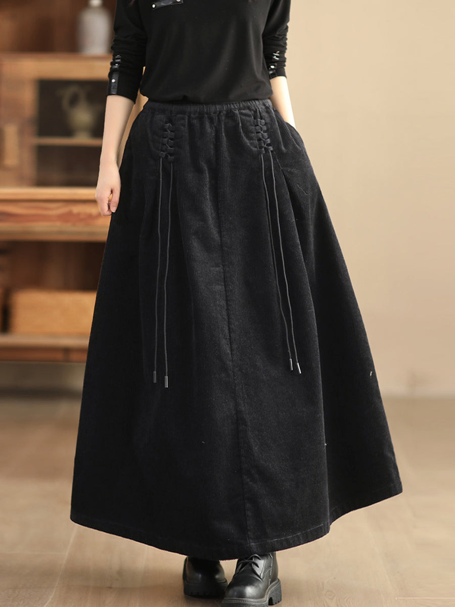 Plus Size Women Autumn Retro Strap Corduroy A-Shape Skirt
